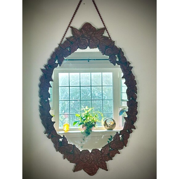 Antique Cast Iron Oval Mirror with Roses | Victorian Style Metal Wall Mirror - Picture 1 of 8